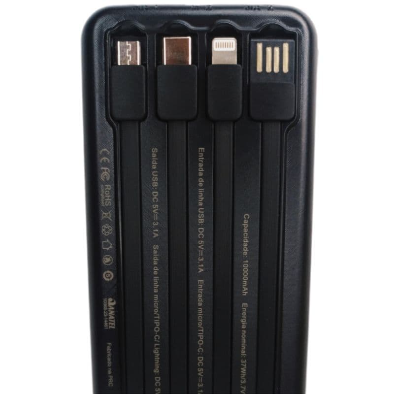 Carregador Portátil Power Bank 10000 mAh AGold BTE-29 Com 4 Cabos Embutidos Lightning, Tipo-C, Micro Usb e USB