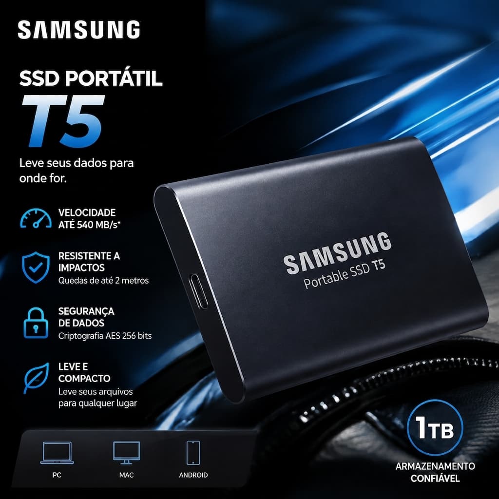 HD Externo Samsung T5 1TB Portátil USB 3.1 Alta Velocidade 540MB/s Para PC Notebook Mac