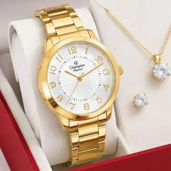 Relógio Champion Feminino Dourado Pulseira em Aço Inoxidável 40 Milímetros com Kit Colar e Brincos Prova D´Agua 50m CN25118W