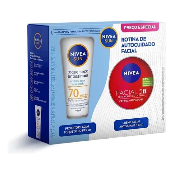 Kit Rotina De Autocuidado Facial Com Protetor Solar Toque Seco FPS70 40ml Creme Antissinais 5 Em 1 100g Nivea