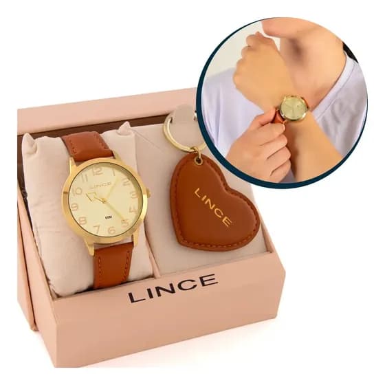 Relógio Lince Funny Feminino Dourado Pulseira Couro + Correia Marrom-claro