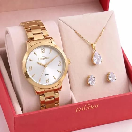Relógio Feminino Dourado Delicado Analógico Condor Original Aço Inox Mostrador Branco Pequeno Prova D’Água 50m Kit Colar e Brincos Ideal Presente Casual CO2035MZQ/K4K