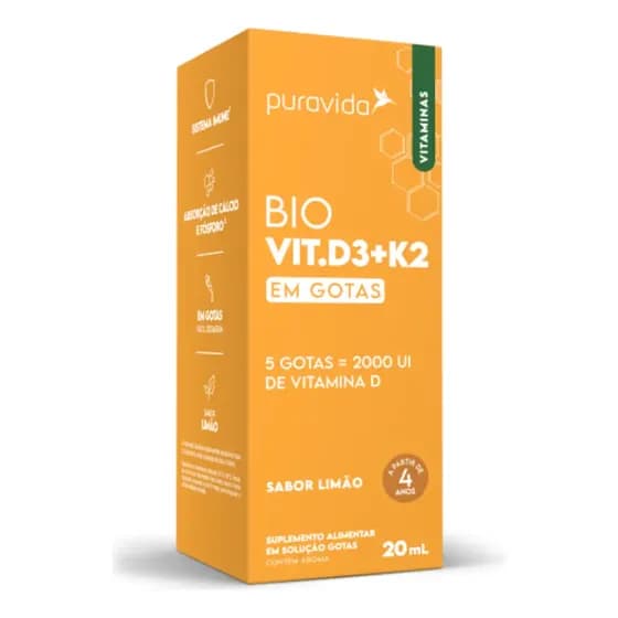 Vitaminas Bio Vit. D3 + K2 Gotas Limão 20ml Puravida