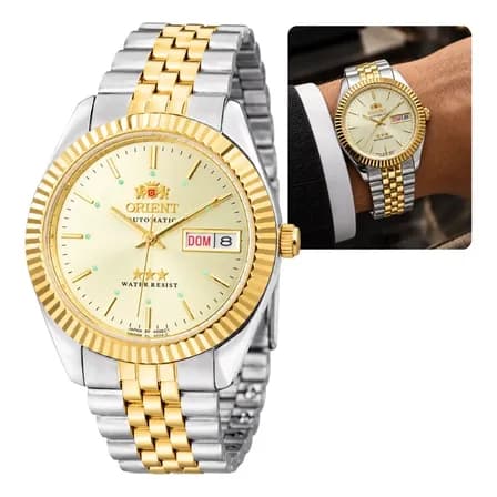 Relógio Automático Orient Masculino Dourado 469ED1F C1KS Fundo Champagne