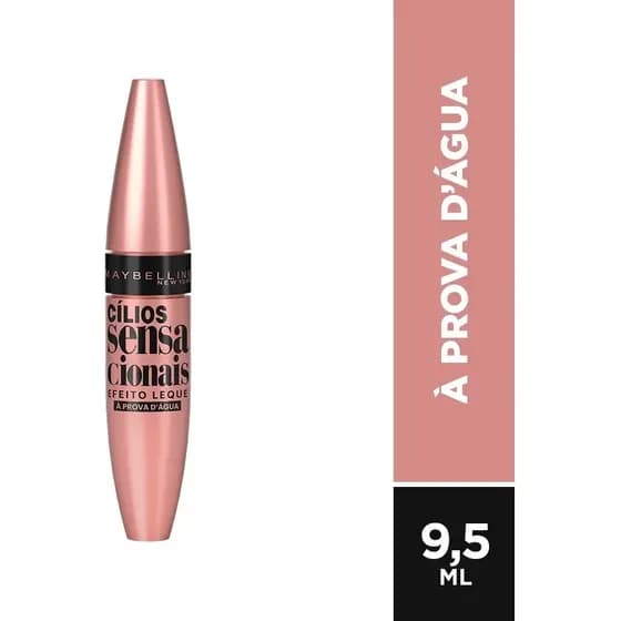Máscara de Cílios À Prova d'Água, Efeito Leque Volume e Definição Longa Duração, Não Empelota e Não Forma Grumos, Cor Preto Intenso, Cílios Sensacionais Maybelline NY 9,5ml