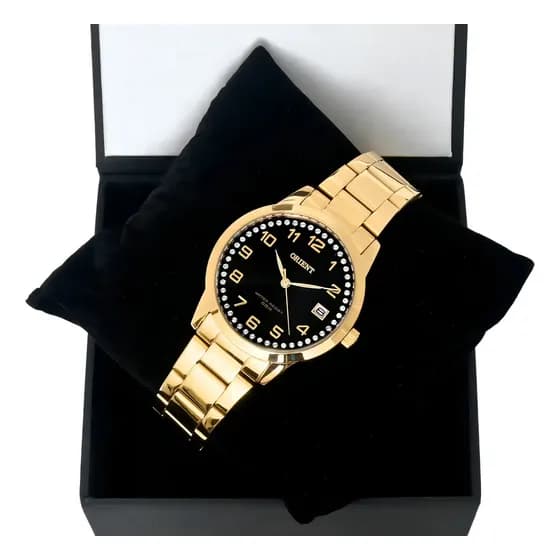 Relógio Orient Feminino Social Fgss1237 P2kx Dourado Aço Cor Do Fundo Preto