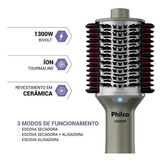Escova Secadora Pes30 Multicerdas 4 Em 1 1300w Philco Bivolt Prateado