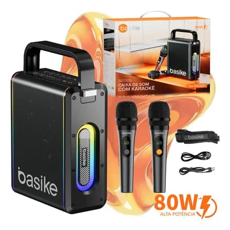 Caixa de Som Basike RAD237 80W Profissional Portátil Bluetooth com Karaokê e 2 Microfones Sem Fio