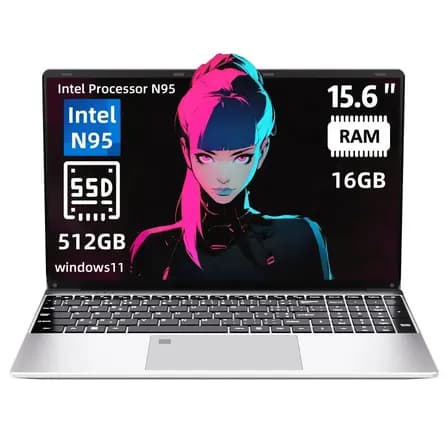 Notebook, processador N95, memória RAM de 16GB, SSD de 512GB, tela de 15,6 polegadas, sistema Windows, cor Prateado.