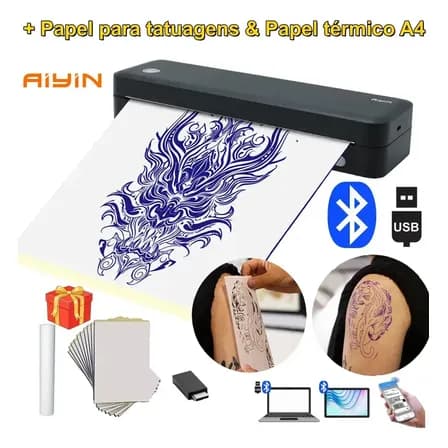 Impressora E De Tatuagem A4 2en1 Bluetooth + Papel A4 + Papel de Tatuagem Portátil 203DPI 127V/220V USB Portátil Impressora Para Tatuagem Tatto Ios Android Windows App Térmica PDF WORD EXCEL Sem Fio