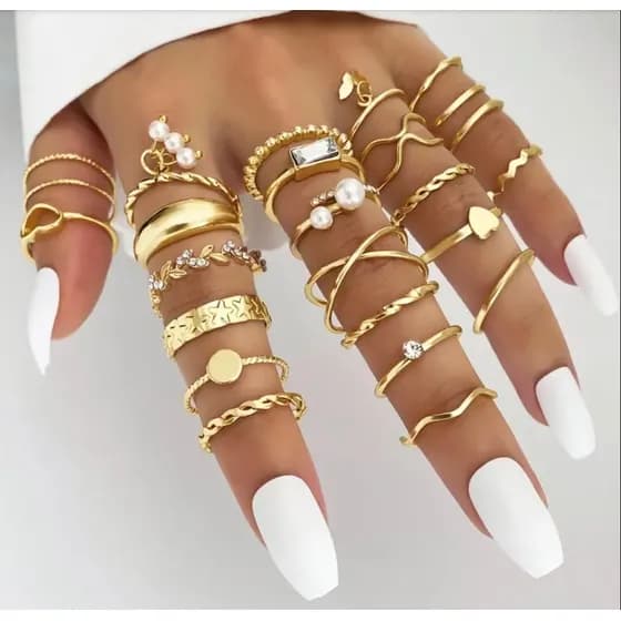 Kit de 24x Anéis Feminino Ajustável Dourado com Pérola, Estrela e Coração