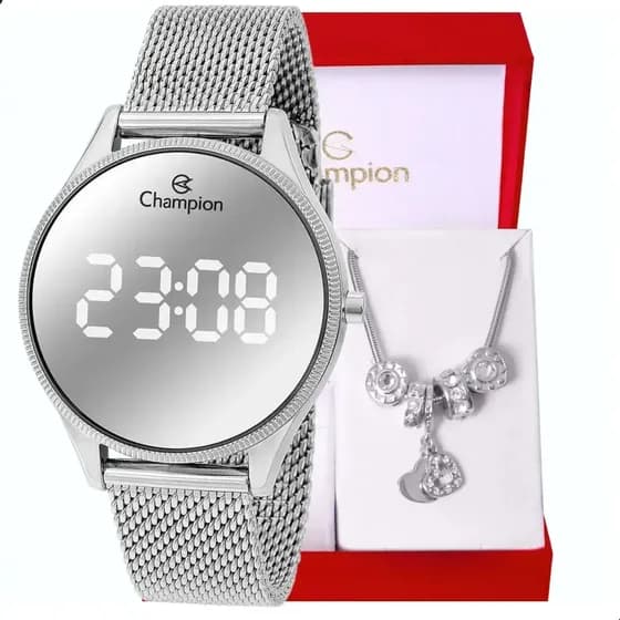Relogio Feminino Champion CH40133S 40 Milimetros Display Espelhado Digital Pulseira Mesh Fácil Ajuste Prova D´Agua 50m